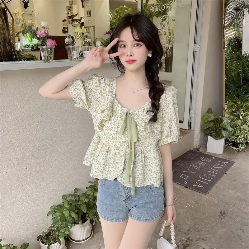 Puff Sleeve Blouses Women Cropped Floral Bandage Prairie Chic Retro Kawaii Girlish Holiday Tender Princess Summer New French Ins