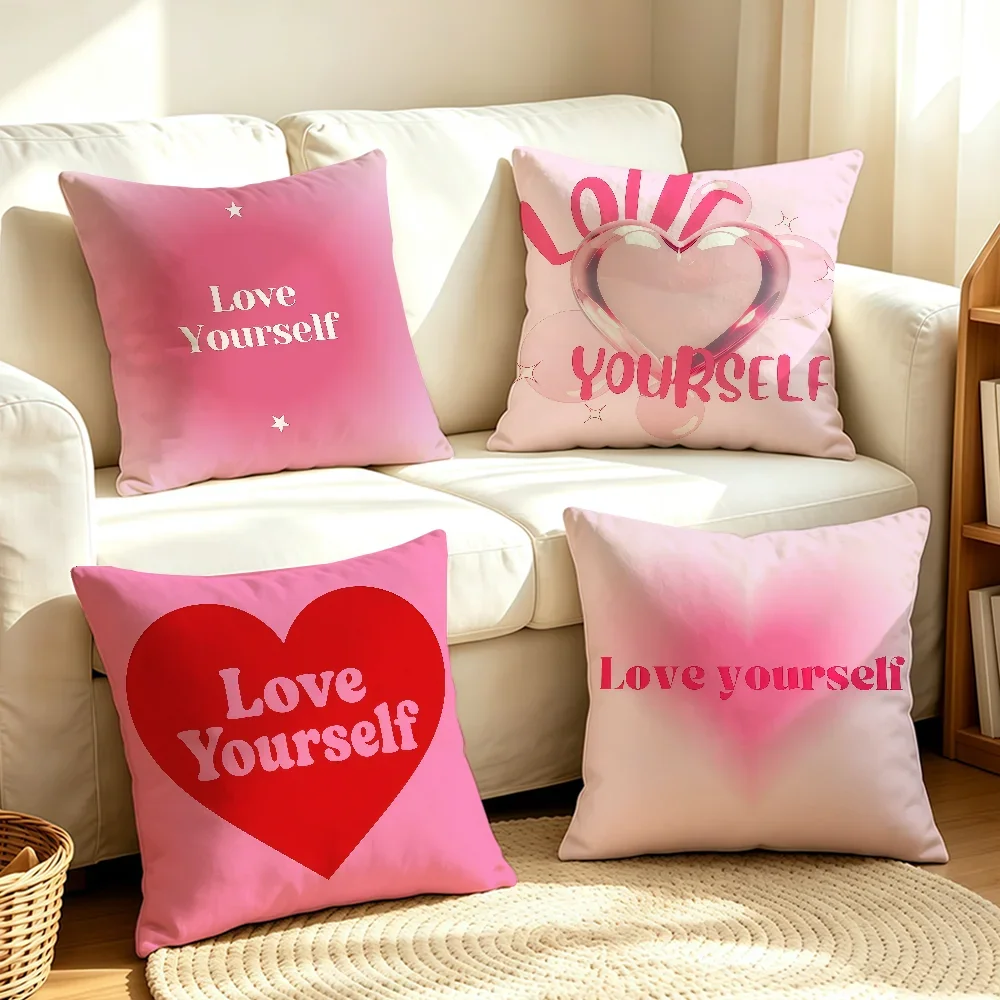 Cute Pink Love Yourself cushion cover Soft Smooth Hidden Zipper Washable Decorative Couch Office Housewarming Gift