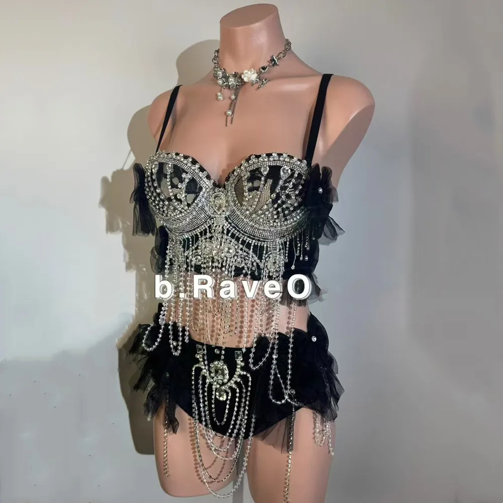 

Роскошный женский наряд для танцев на пилоне, блестящий комплект бикини с кисточками и бриллиантами, ночной клуб, бар, DJ, певица, танцевальная команда, сексуальный сценический костюм