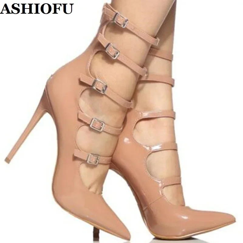 ASHIOFU Handmade New Style Women High Heel Pumps Five-buckle Straps Party Dress Shoes Office Pointy Evening Fashion Court Shoes