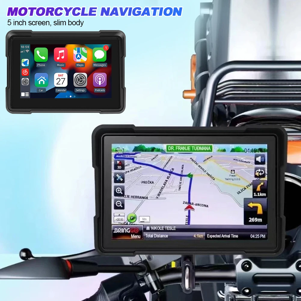 5inch Motorcycle Navigation GPS Wireless LCD Display Auto Motorcycle BT IP67 Waterproof Touch Screen For Apple Carplay Android