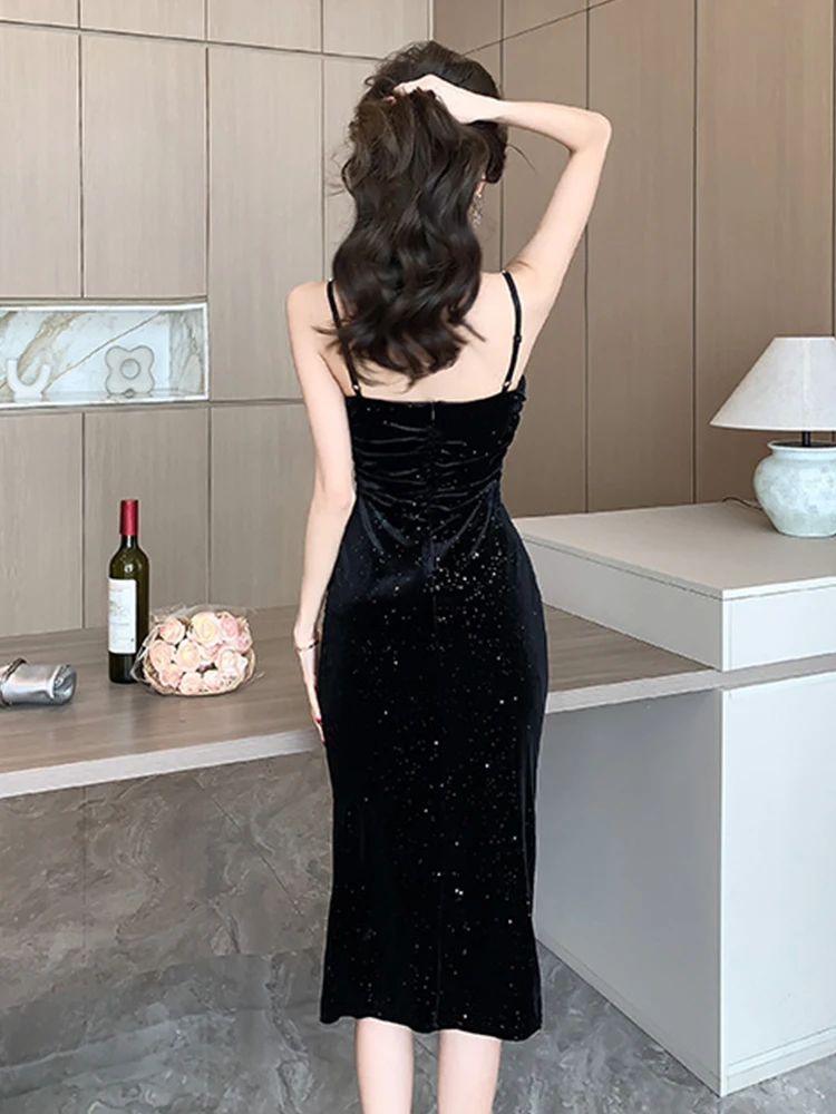 Fashion Lady Vintage Glitter Shiny Sequin Black Evening Dress Women Clothes Elegant Sexy Strap Slim Midi Party Birthday Vestidos