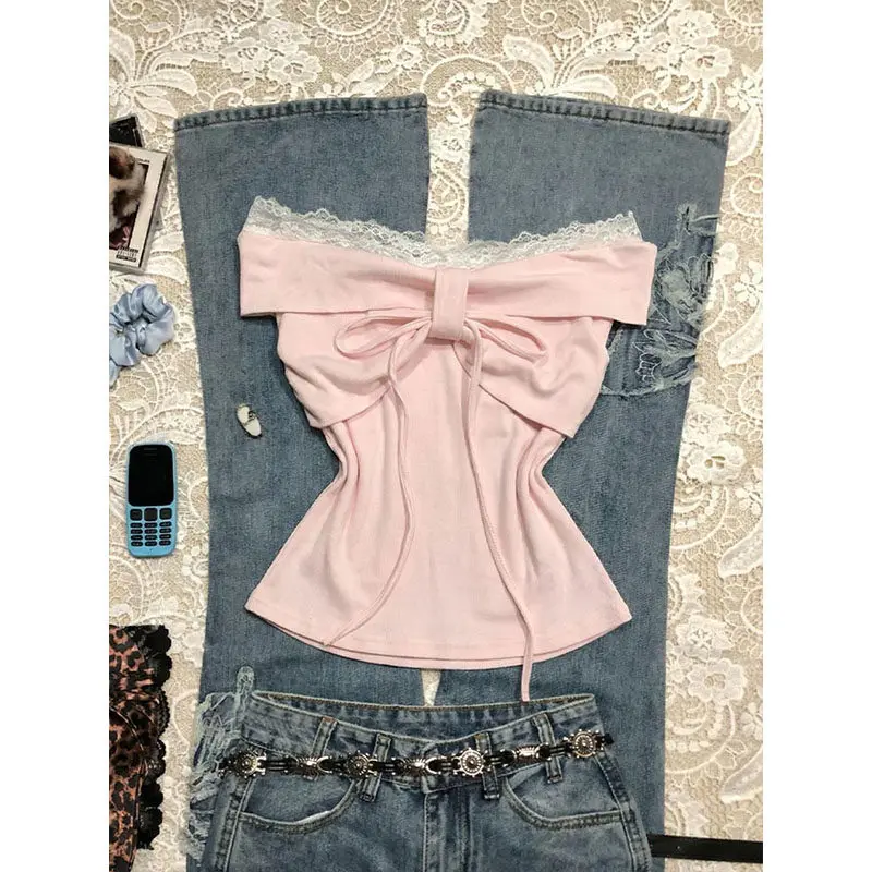 Lace patchwork bow one-shoulder short-sleeved T-shirt for women trendy and fashionable summer slimming top Y2K Summer emo punk