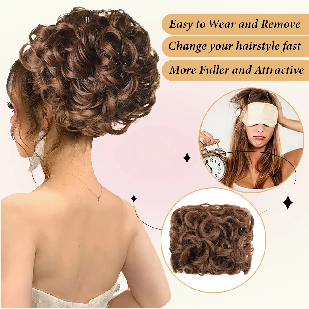 Short Messy Curly Hair Synthetic Bun Easy Strech Combs in Ponytail Extension Scrunchie Chignon Dish Tray Pony-tail Hairpieces