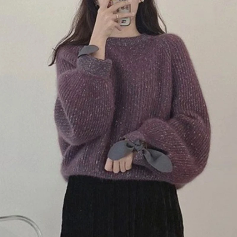 Pull ample en tricot pour femme, pull à la mode, Style paresseux, avec nœud papillon, manches lanternes, nouvelle collection automne hiver