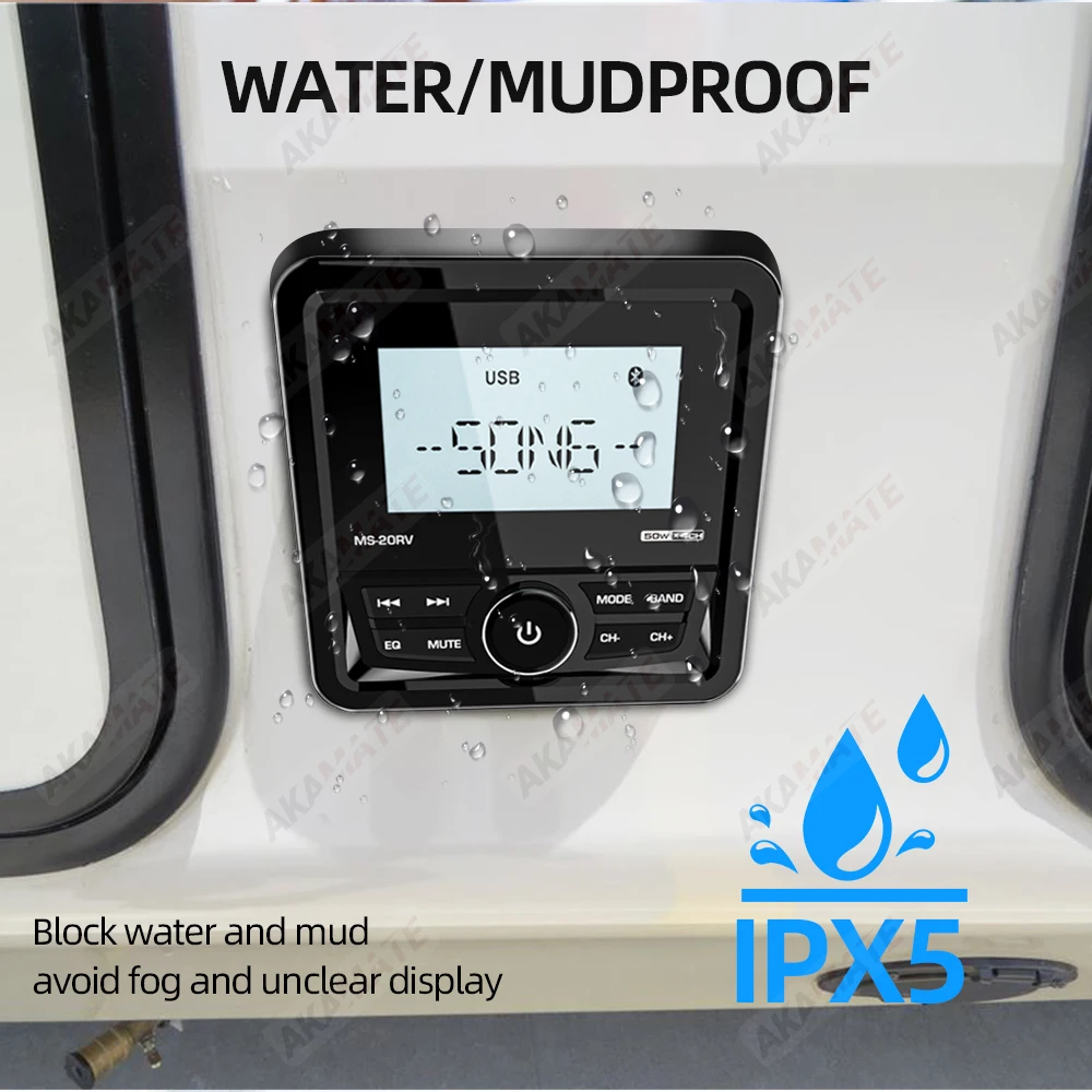 MP3 Stereo Radio For RV Bluetooth FM AM EQ  HD Waterproof IPX5 AUX Multimedia Player for ATV UTV Boat Marine Motorcycle 200W