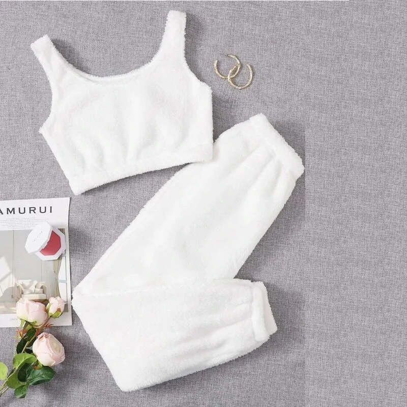 Nouveau Automne hiver chaud en peluche décontracté deux pièces ensemble gilet pantalons longs sport costume maison femmes pur