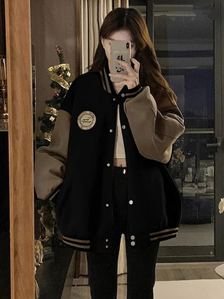 

American Sle Baseball Jaet Women's Spring Autumn Loose College Sle Casual Coat Collar Long Sve Pure Color