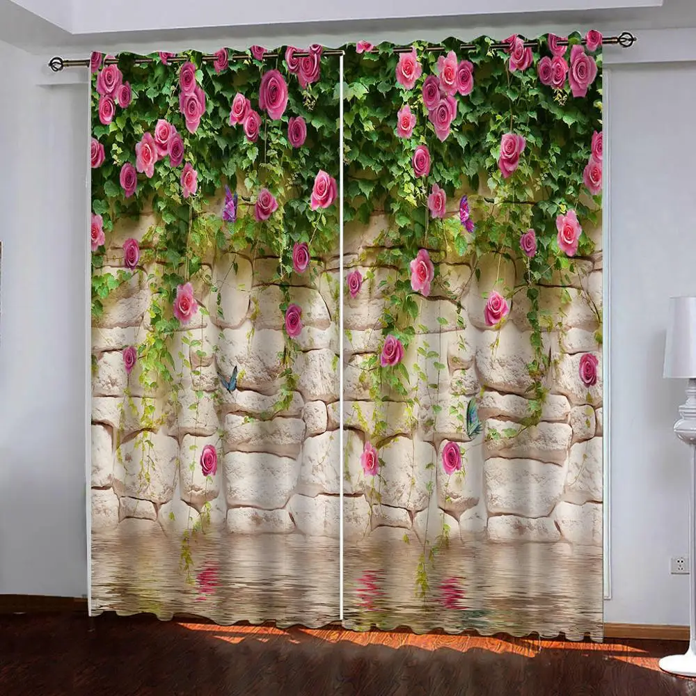 custom curtains Retro stone wall water shadow flowers Curtain Luxury 3D Window Curtain For Living Room