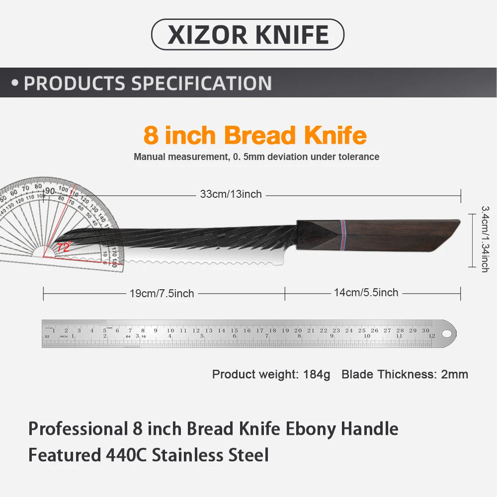 Cuchillo de pan forjado hecho a mano, rebanador de queso japonés de 8 pulgadas, cuchillo dentado para pastel, acero inoxidable de alto carbono, mango de ébano
