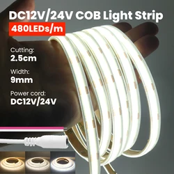 12V 24V COB LED Strip Light IP67 Waterproof COB Lights 480LEDs Flexible LED Neon Tape Ribbon High Density Linear Light 0.5-10M