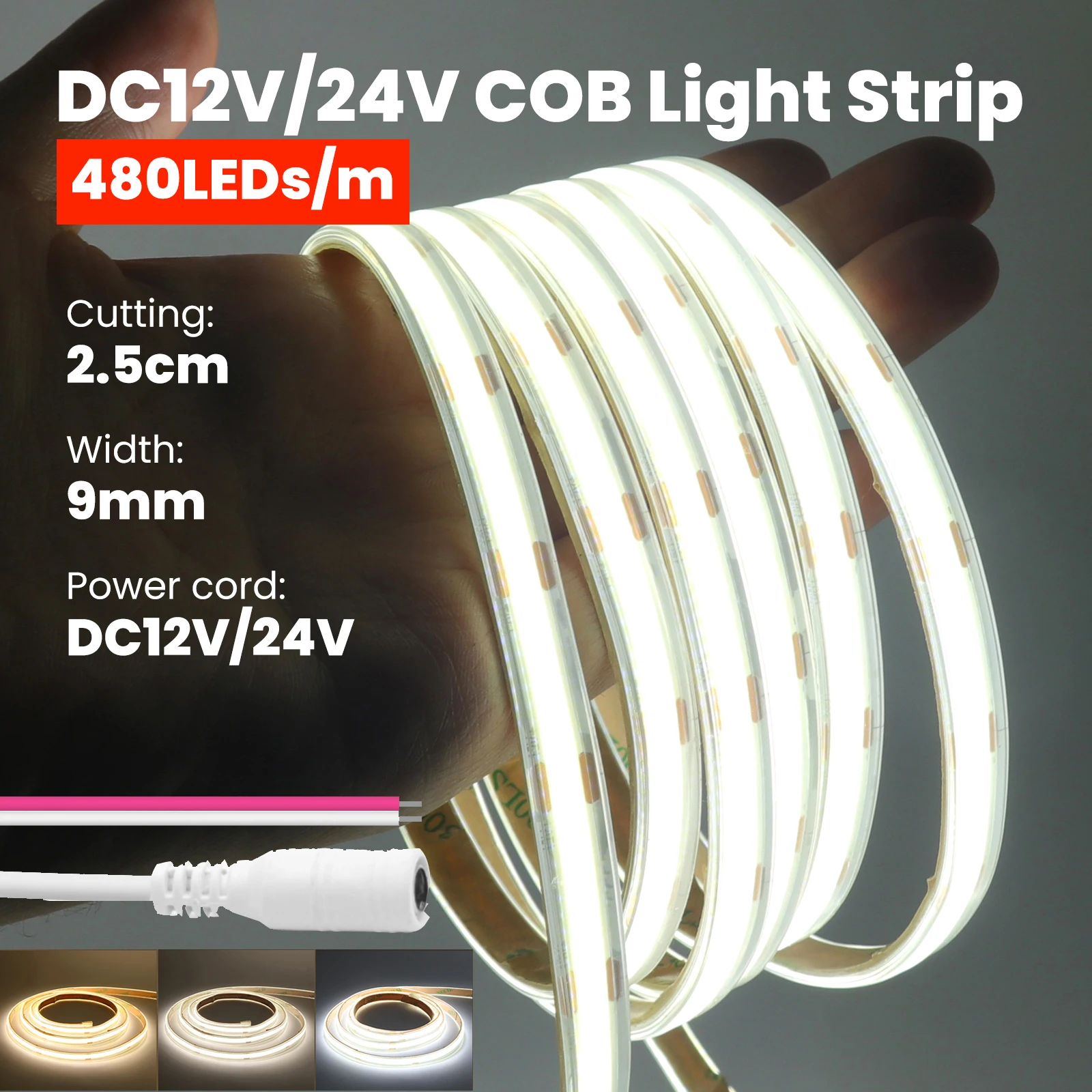 12V 24V COB LED Strip Light IP67 Waterproof COB Lights 480LEDs Flexible LED Neon Tape Ribbon High Density Linear Light 0.5-10M
