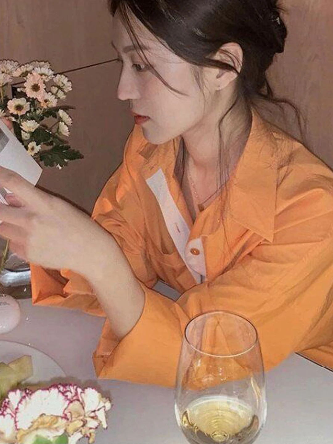 

Loose Long Sleeve Orange Shirt Women's Korean Style Simple Summer New Lazy Fashion All-Match Silhouette Top Skin-friendly Bre...