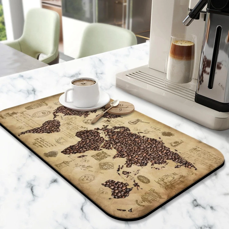 VIKAMA Kitchen Drain Mat Black Coffee Latte CAFE Print Kitchen Counter Mat Highly Absorbent Fast Drying Anti Skid Flexible