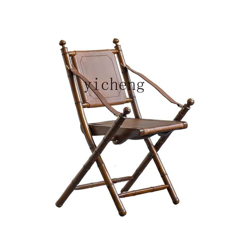 

Tqh Solid Wood Hunting Chair Genuine Leather Recliner Designer Light Luxury Folding Armrest Mid-Ancient Balcony Leisure Chair