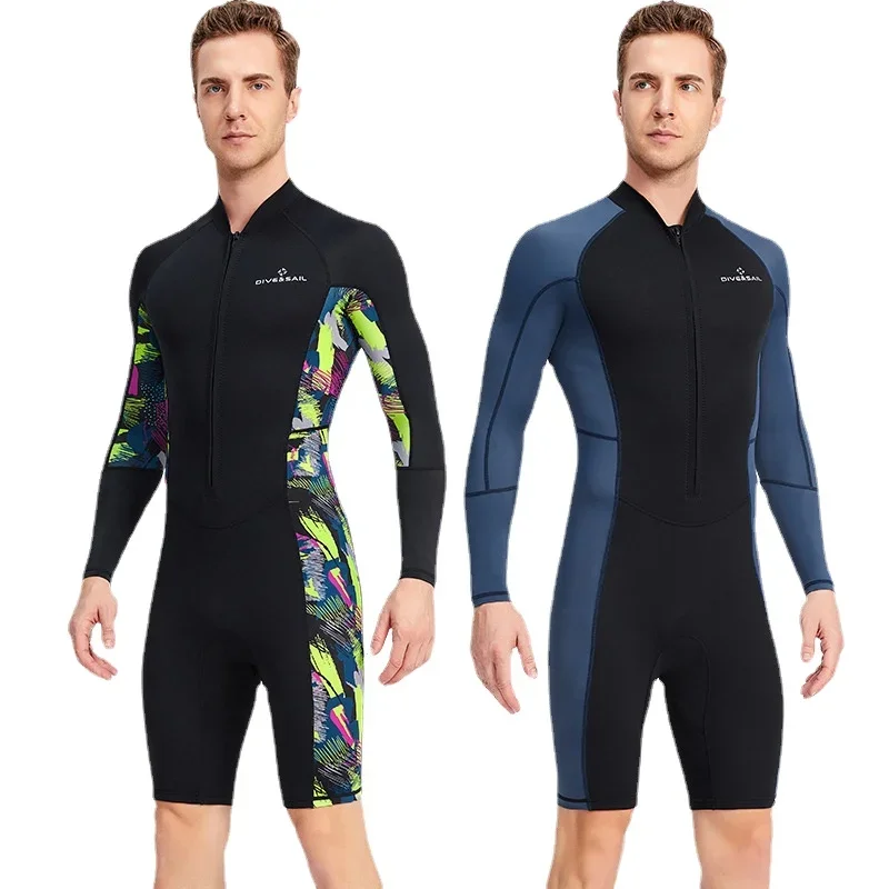 Men 1.5MM Diving Wetsuit One-piece Long-sleeve Sunscreen Wetsuit Snorkeling Surfing Warm Swimming Suit