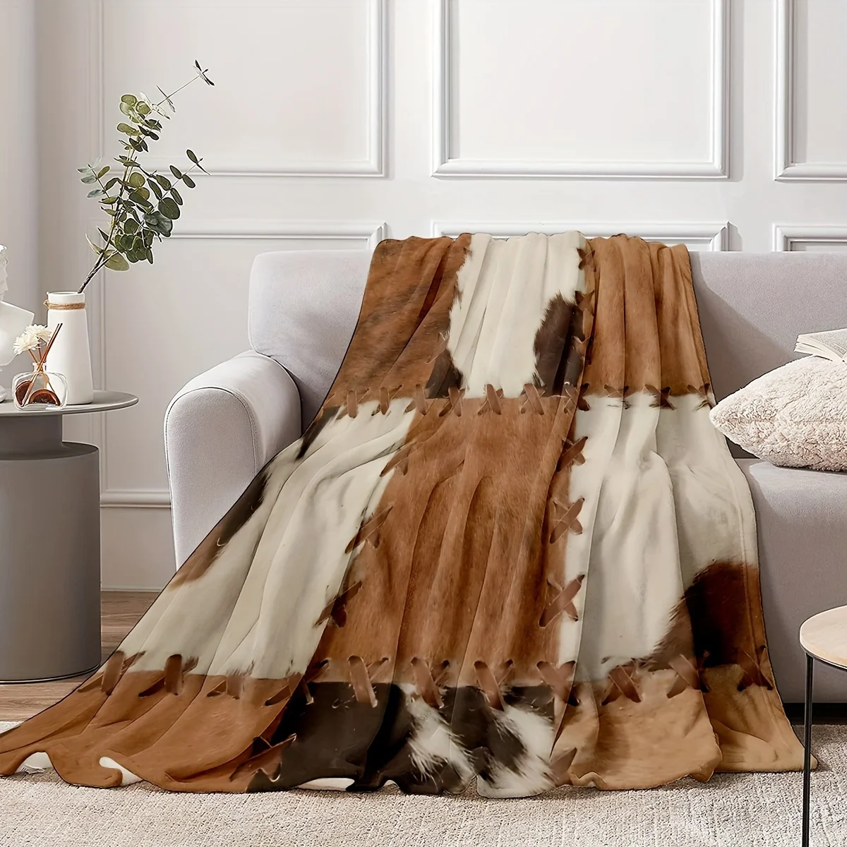 Faux Cowhide Flannel Blanket Designed With Stitched Accents Ideal For Rustic Living Room Decoration Providing Plush Feel