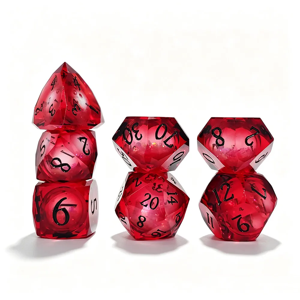 7Pcs Resin Multifaceted Sharp Edge Dice Set, Transparent Red, Black Number, Tabletop Game Dice For DND RPG Role Playing Dice Set
