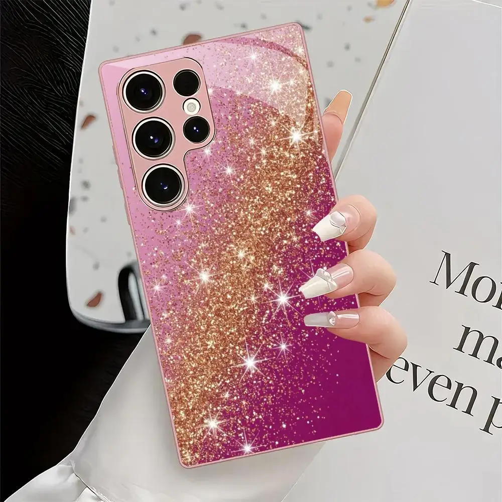 Pink flowing sand metallic paint glass phone case suitable for Samsung Galaxy S26 S25 S24 S22 S21 S20 FE/Ultra/Plus anti drop