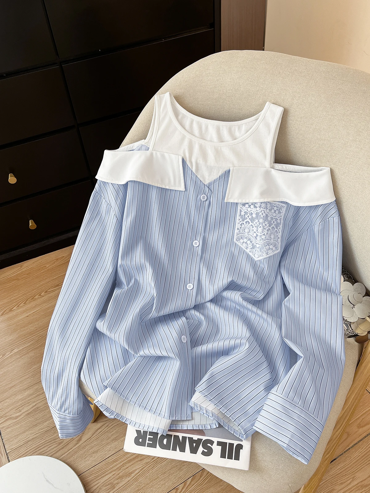 

Women's Fake Two Pieces Striped Shirt Korean Leisure Off Shoulder Long Sleeve Tops Spring Summer Chic Lace Design Loose Blouse