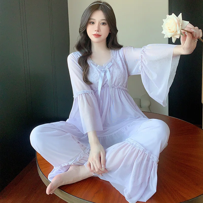 Princess Style Mesh Nightwear Long Sleeve Pajamas Suit Girl Sweet Homewear Spring Summer Pyjamas Modal Shirt&pants Loungewear