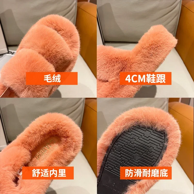 Winter Candy Color Thick Bottom Non-slip Home Cotton Slippers Big Size Casual Hairy Slippers Women Fashion Versatile Warm Shoes