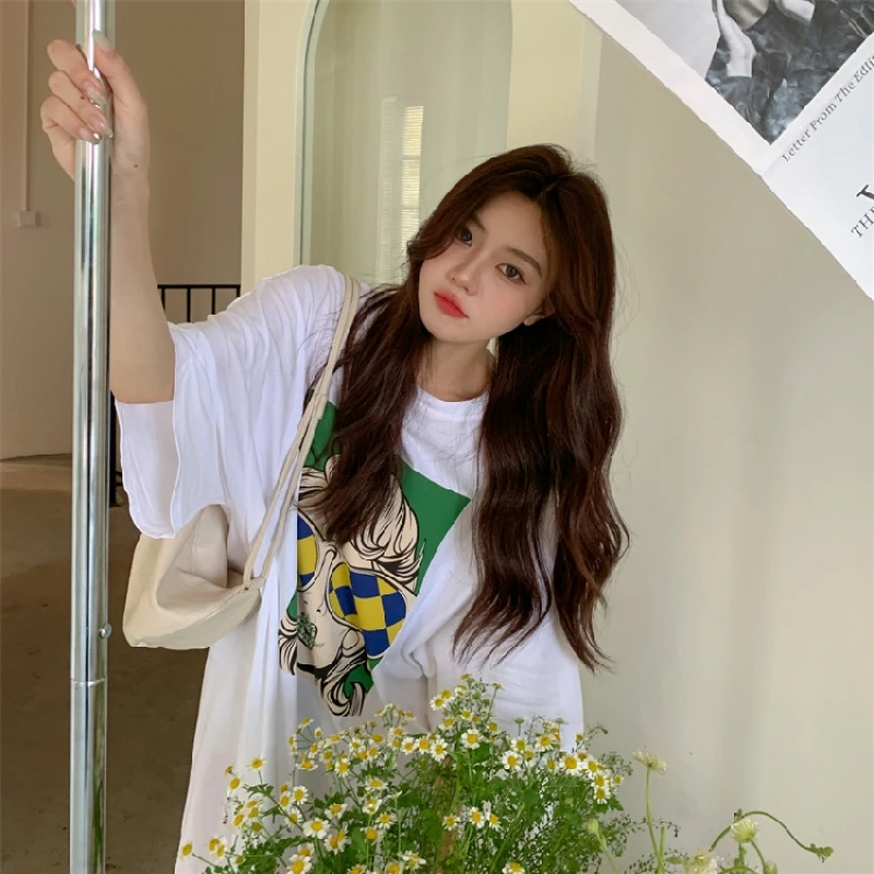 Abito t-shirt a maniche corte larghe Abito estivo da donna Nuovo stile Taglie forti Copri pancia Abiti a mezza manica soprabito a metà polpaccio