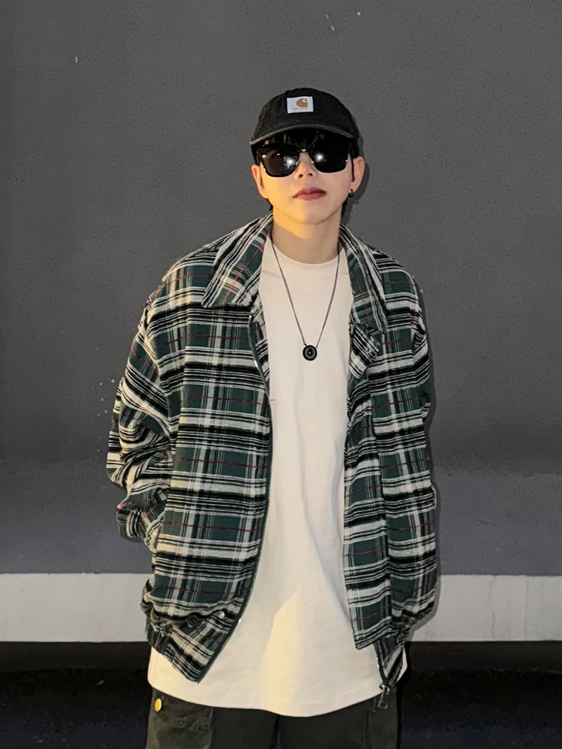 

Винтажная клетчатая куртка свободного покроя с воротником для мужчин и женщин, сезонная молодежная модная ветрозащитная застежка-молния на весну и осень