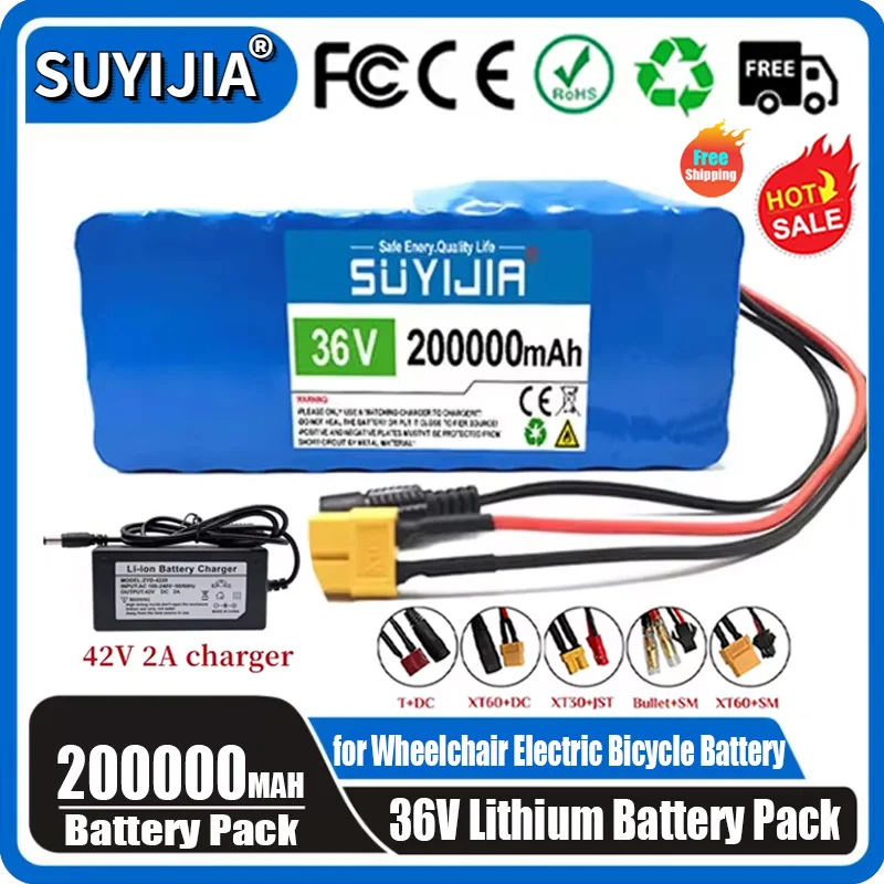 18650 10S4P 36V 200Ah High Quality Chargeable Li-ion Battery Pack BMS Model Airplanes Electric Tools Sightseeing + 42V2A Charger