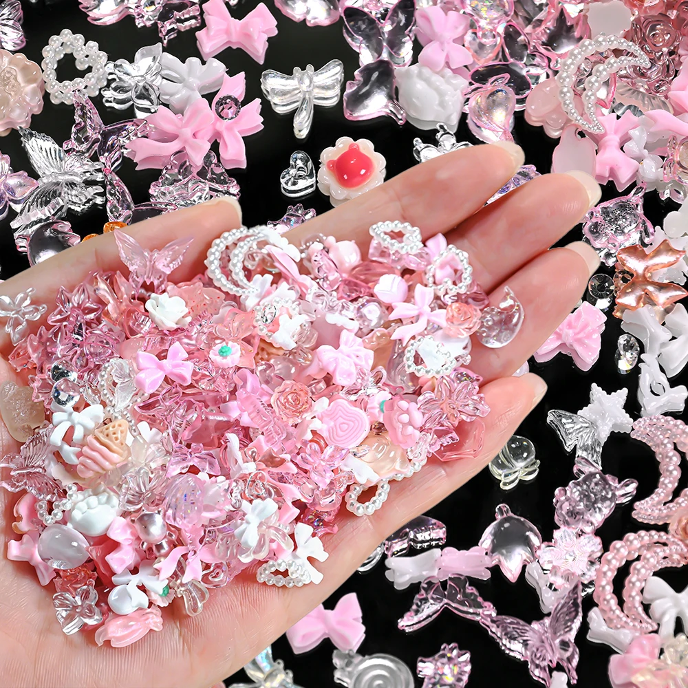 

50g Bulk Bowknot Flower Pearl Heart Nail Charms 3D Mixed Resin Butterfly Cherry Lollipop Nail Jewelry Kawaii Manicure Supplies#*