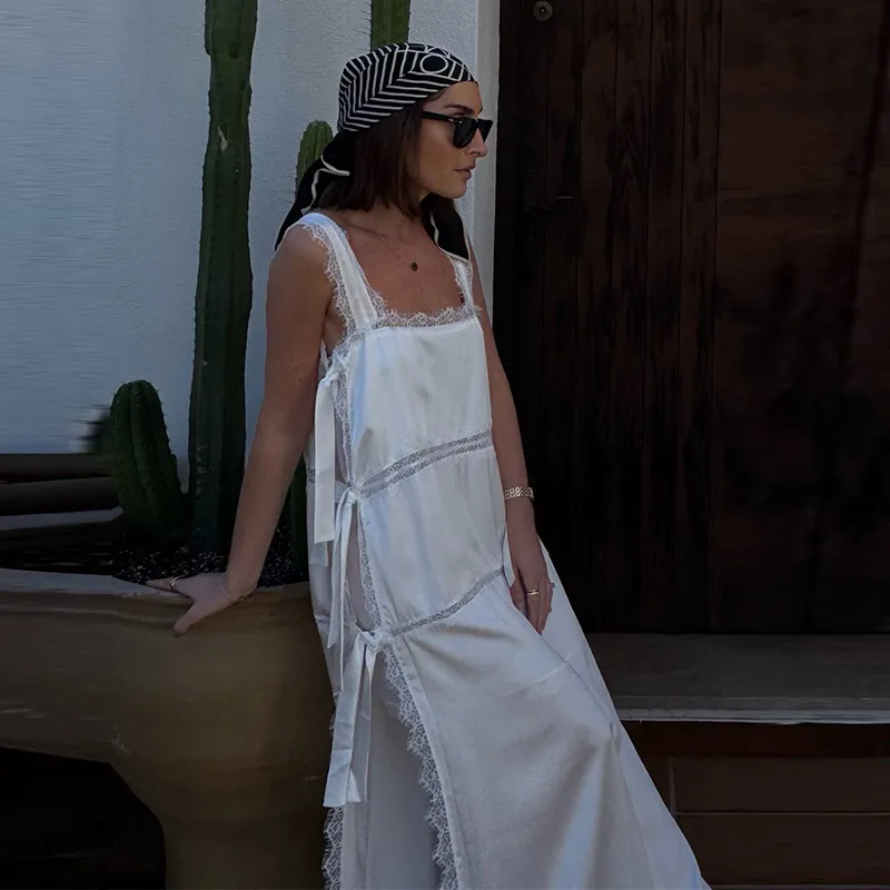 Neues Damen-Maxikleid mit lockerer Spitze, Sommer-Bootsausschnitt, seitlicher Schnürung, dicken Trägern, einfarbig, Strandkleid für Damen 2026 – Detail 3
