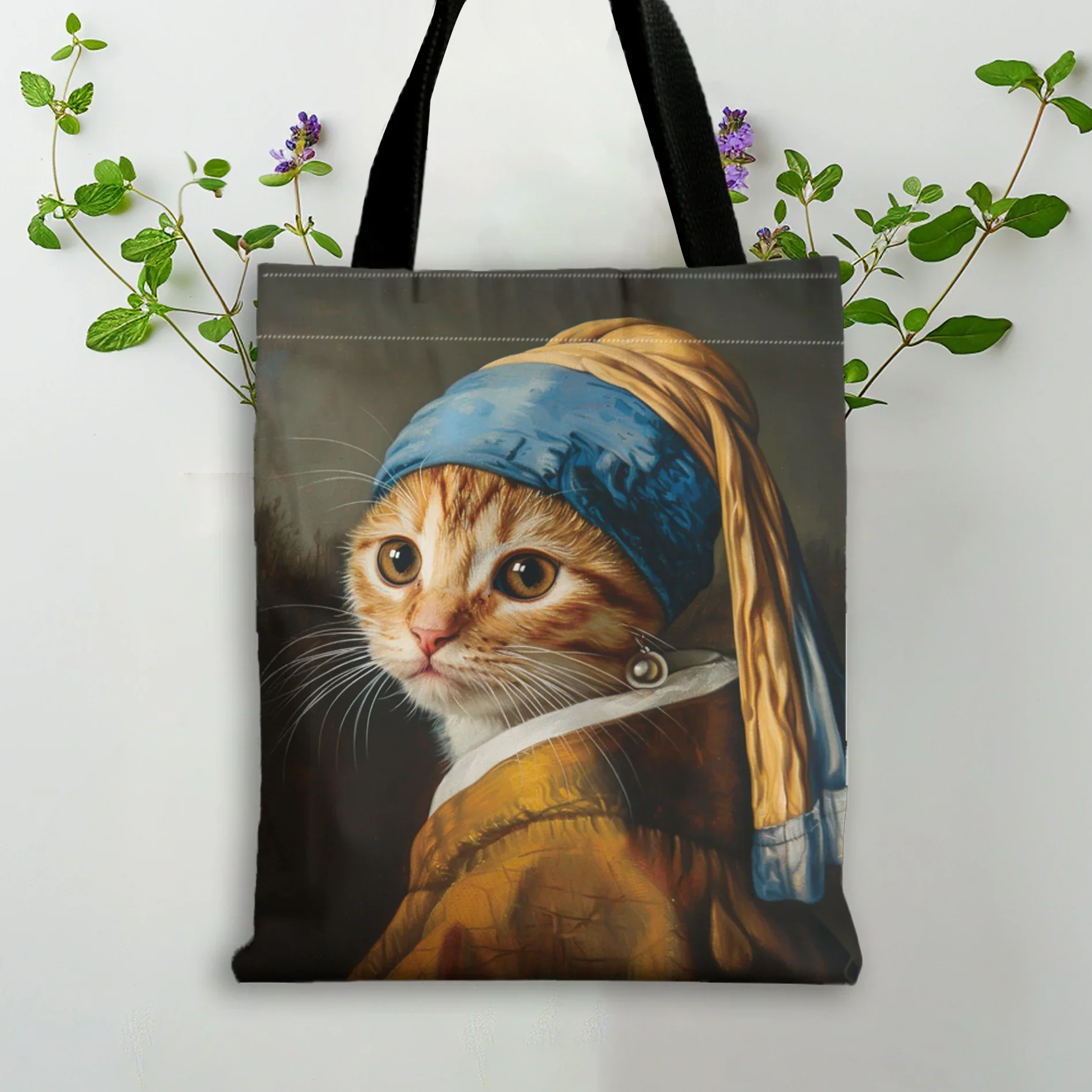 Fashion Element 1pc Tote Bag Featuring a Famous Painting of a Kitten Pattern, Ideal for Shopping Shoulder Shopper Bags
