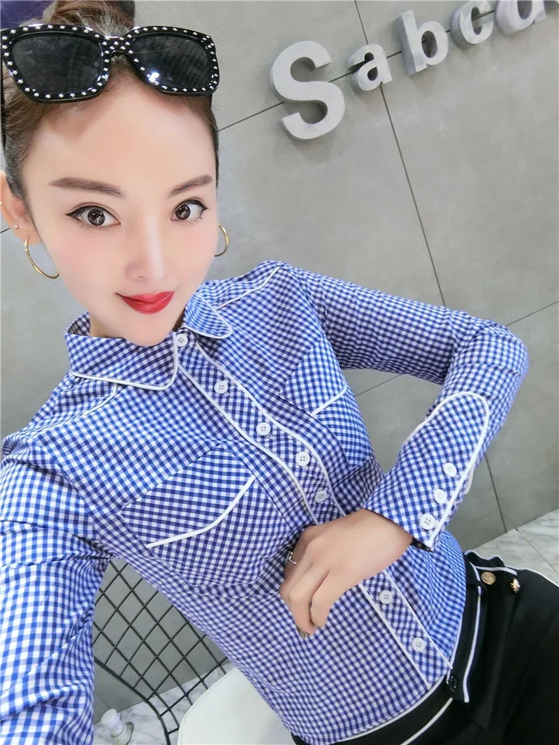 0 Autumn Long Sleeve Turn Down Collar Red Plaid Cotton Shirts Women Office Work OL Blue Plaid Shirts Lady Office Plaid Tops