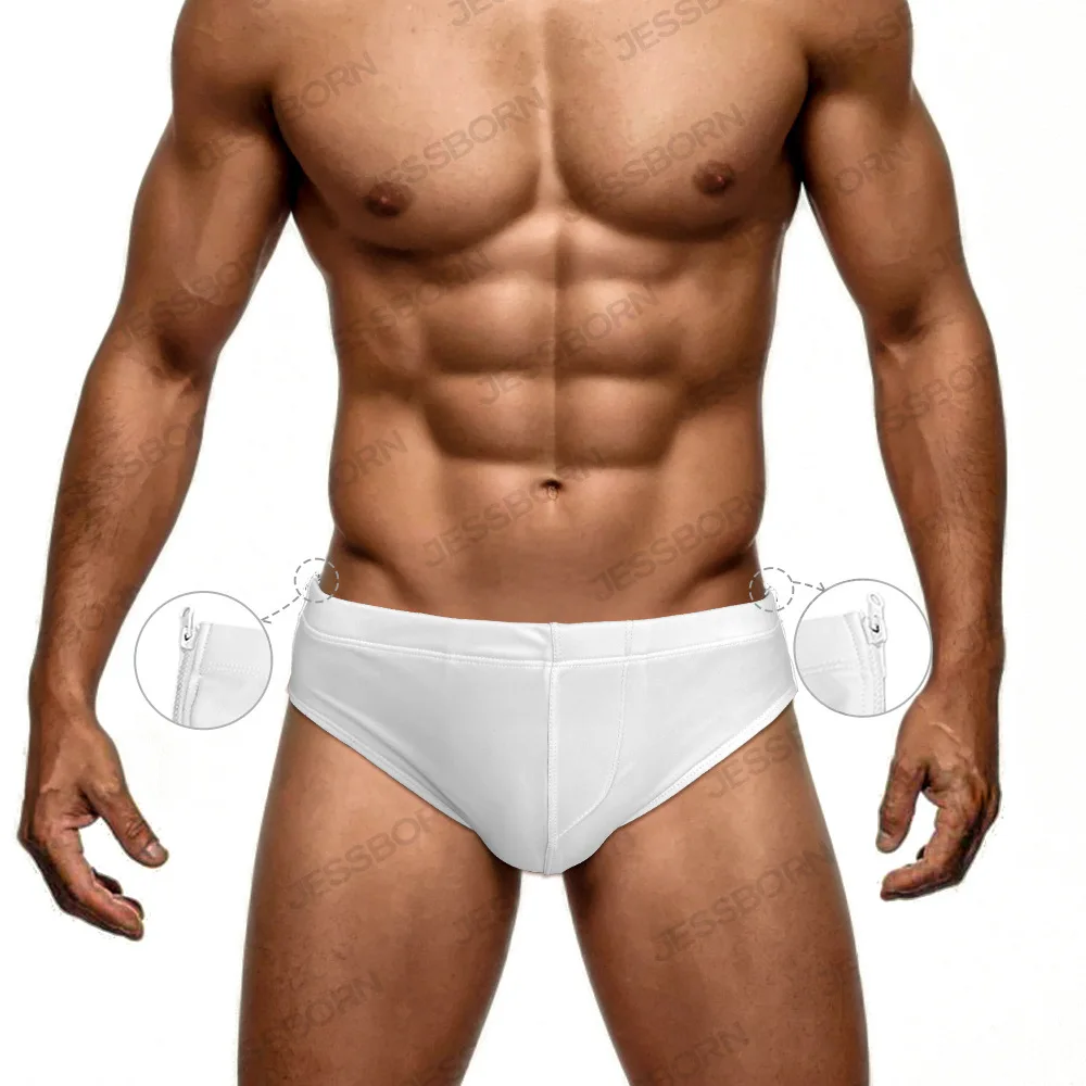 High Quality Mens Swimming Trunks Double Sided Zipper Low Waisted Swim Briefs Sexy Gay Bikini Breathable Bathing Beach Shorts