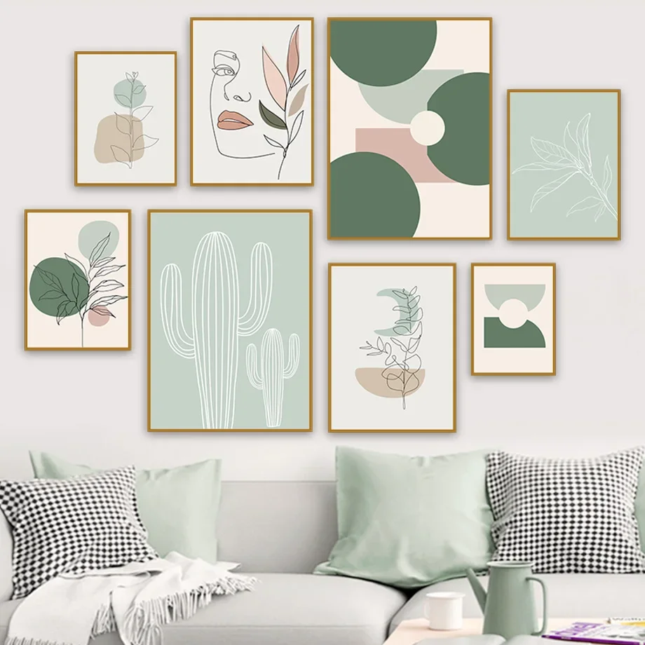 

Abstract Girl Face Curve Geometric Shape Leaf Cactus Wall Art Painting Nordic Posters And Prints Wall Pictures For Living Room