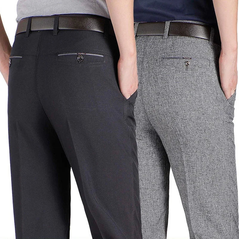 New Arrival Mens Casual Business Pants Men Mid Full Length Soft Trim Brand Trousers Regular Straight Black Grey Large Size 28-40