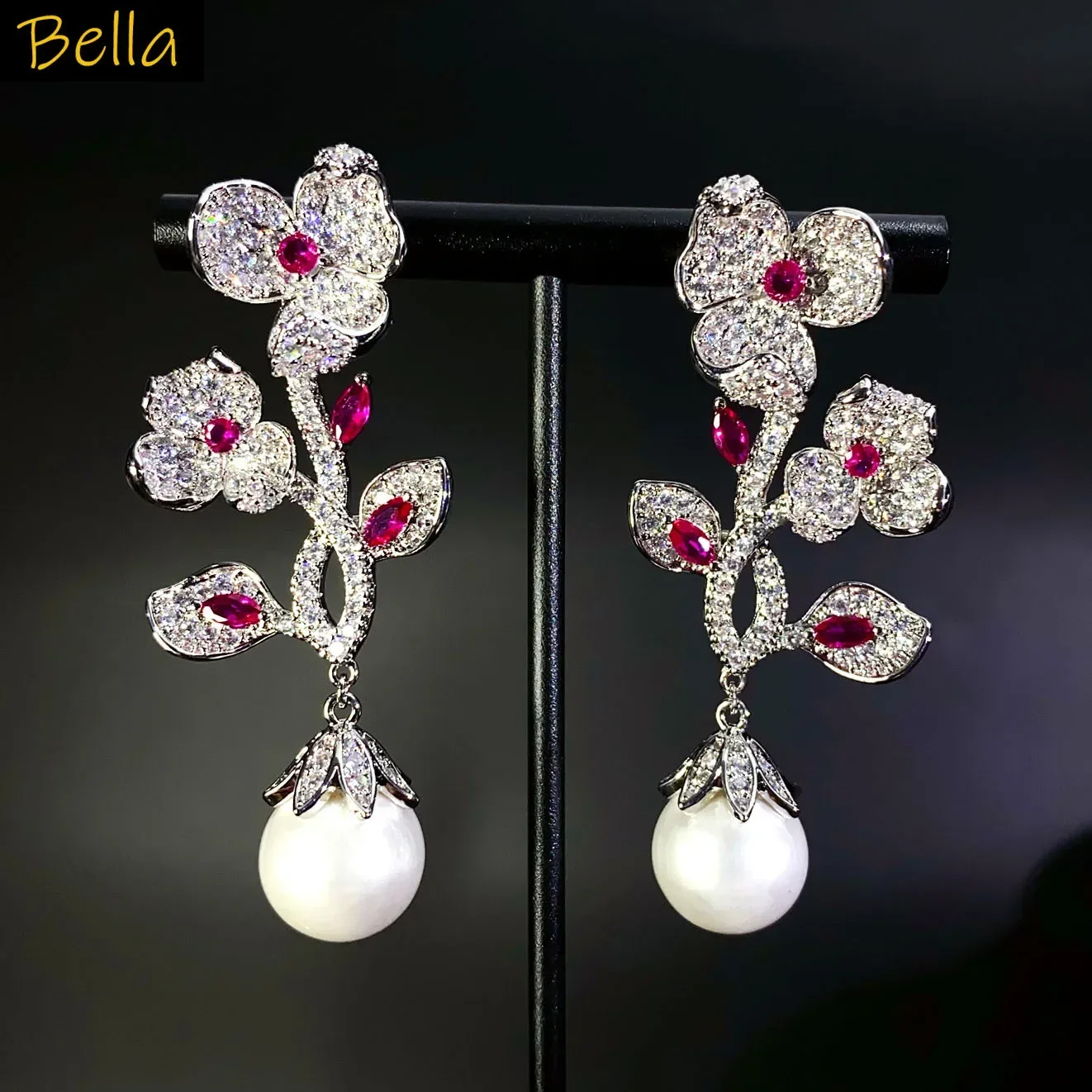 

Fushia Purple Leaf Plant Earrings for Women Luxury Jewelry Shiny Zircon Wedding Evening Party Female Gift