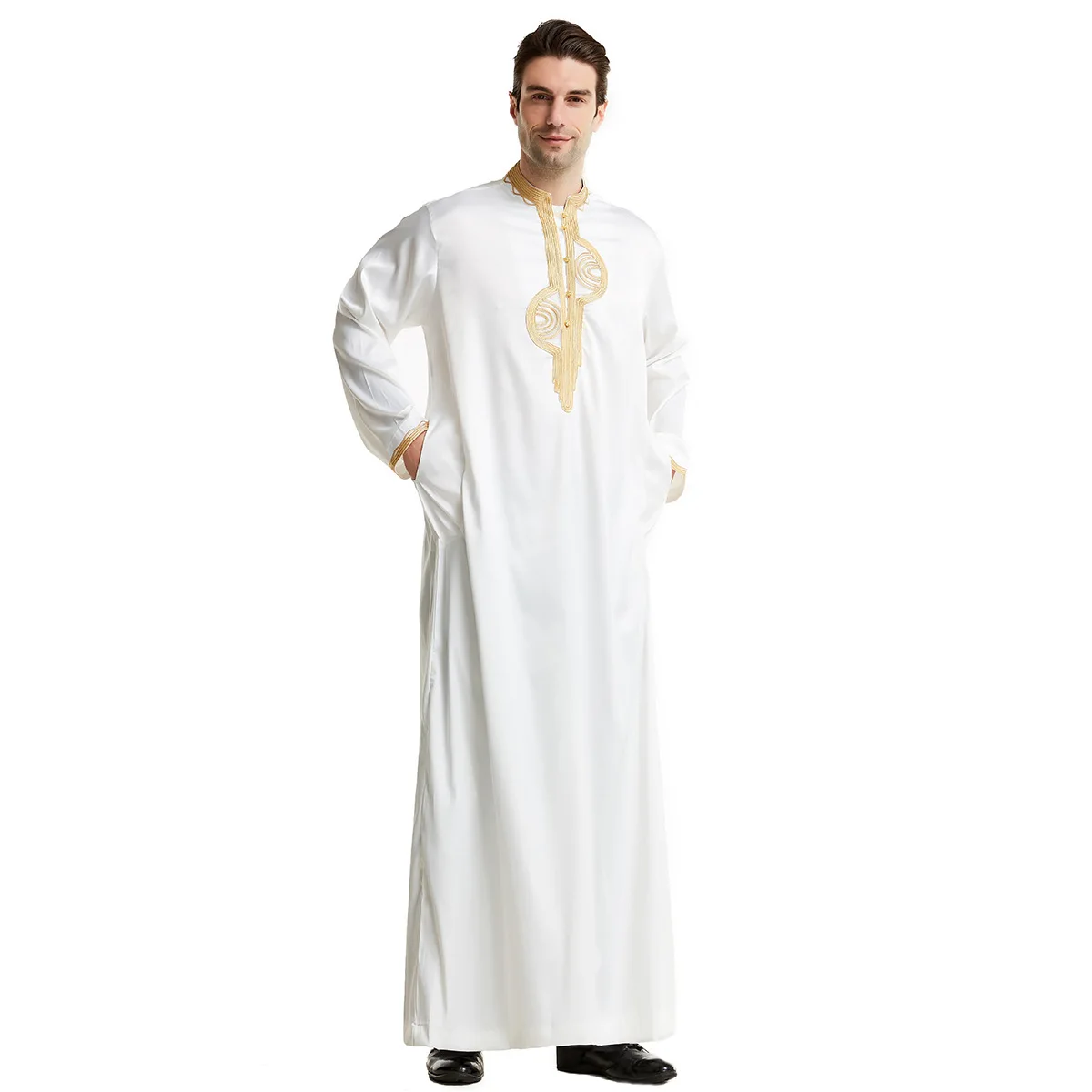 Men Muslim Jubba Thobe Embroidery Arab Dubai Abaya Turkey Moroccan Kaftan Stand Collar Robe  Arabic Ropa  Para Hombre