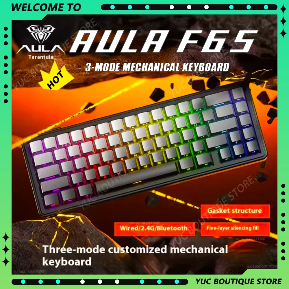 

AULA F65 игровая клавиатура для киберспорта, механическая клавиатура, беспроводная трехрежимная горячая замена, RGB прокладка, пользовательские аксессуары для ПК для геймеров