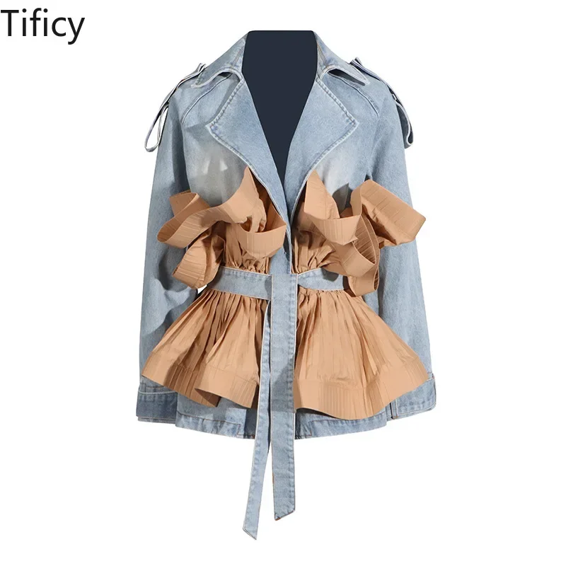 

TIFICY Autumn Personalized and Trendy Design Jean Coats Women's Contrasting Collars Ruffled Edges Pleated Straps Denim Jacket