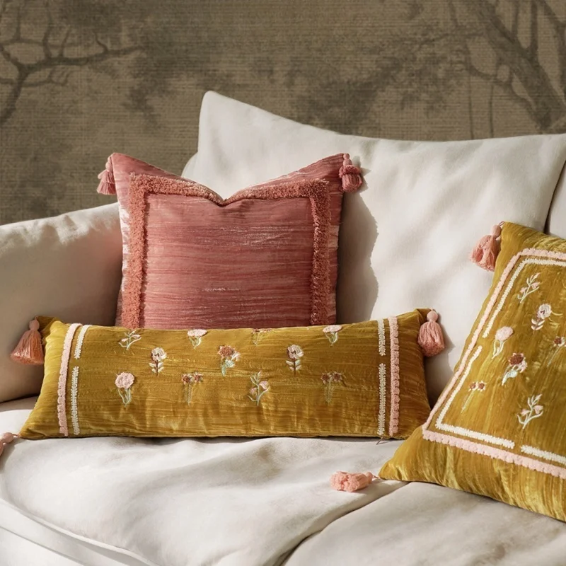 Retro Chinese Golden Pillow Cover Set Velvet Floral Embroidery & Fringe Trim Cushion Cases Warm Tone Cottage Sofa Bedroom Decor