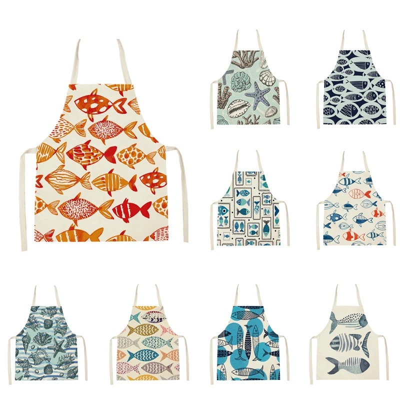 Sea Animal Fish Starfish Conch Kitchen Apron Linen Baking Aprons Home Cooking Accessories Aprons Delantal Cocina Cleaning Apron