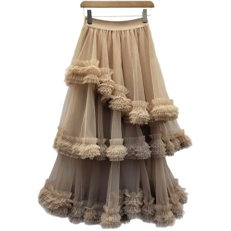 Women's High Waist Elastic Waist Solid Color Wavy Cake Skirt European Fungus Edge Layer By Layer Splicing Irregular Mesh Skirt