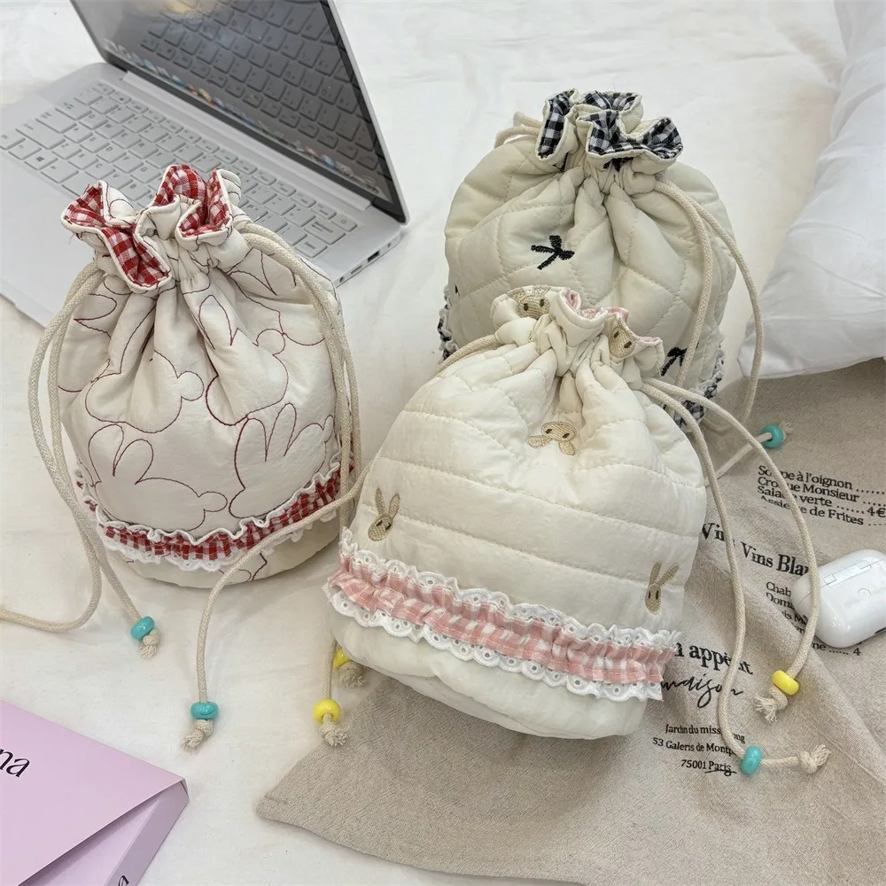

New Quilted Cotton Padded Makeup Pouch Large Capacity Rabbit Printed Women Cosmetic Bag Multi-purpose Travel Storage Bags