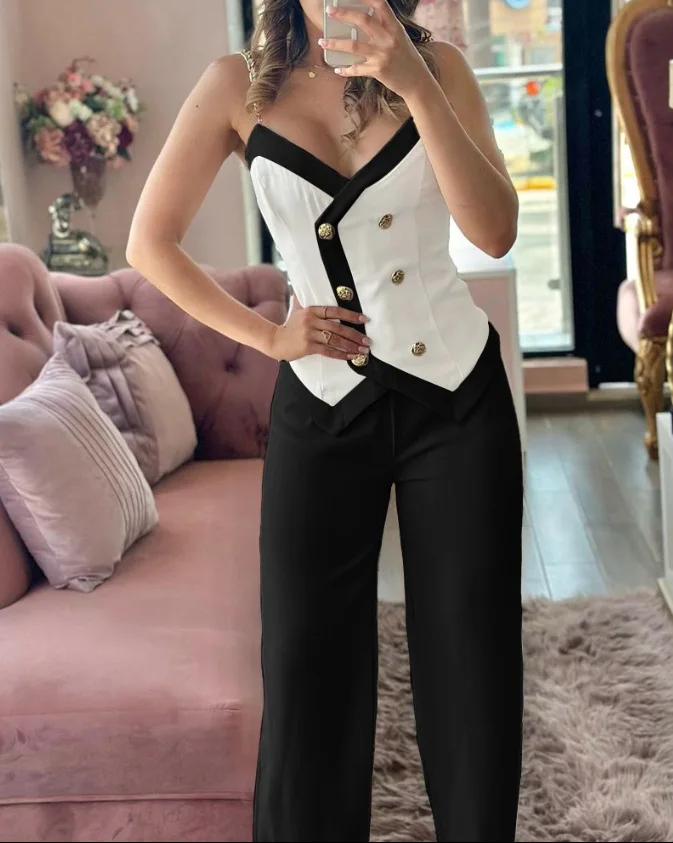 Spring Summer New Fashion Commuter Women Suit Irregular Top Wide Leg Trousers Metal Suspenders Double Breasted Slim Suit Lady