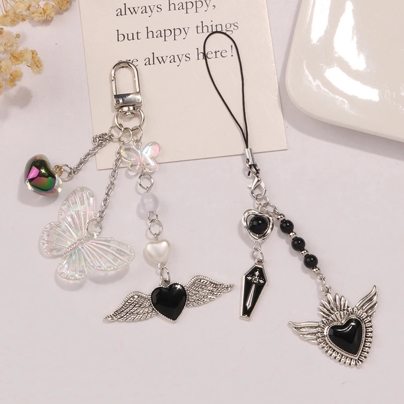 Phone Charm Strap Y2K Keychain Kawaii-Cute Pendant Jewelry Keyring Lanyard String Black Cross-Bow Beaded Chain for Women Girl