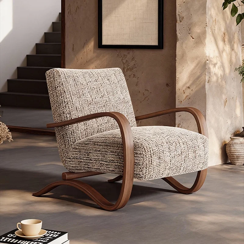 #Modern Retro Beige Textured Fabric Accent Chair with Walnut BentwoodFrame Soft Comfy Lounge Chair for Living Room Bedroom Hotel
