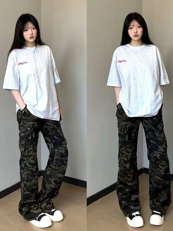 

Retro American Waed Camouflage Work Pants Men Summer Dancing Hiphop Sports Loose Knife Trousers Straight Leg Casual Pants