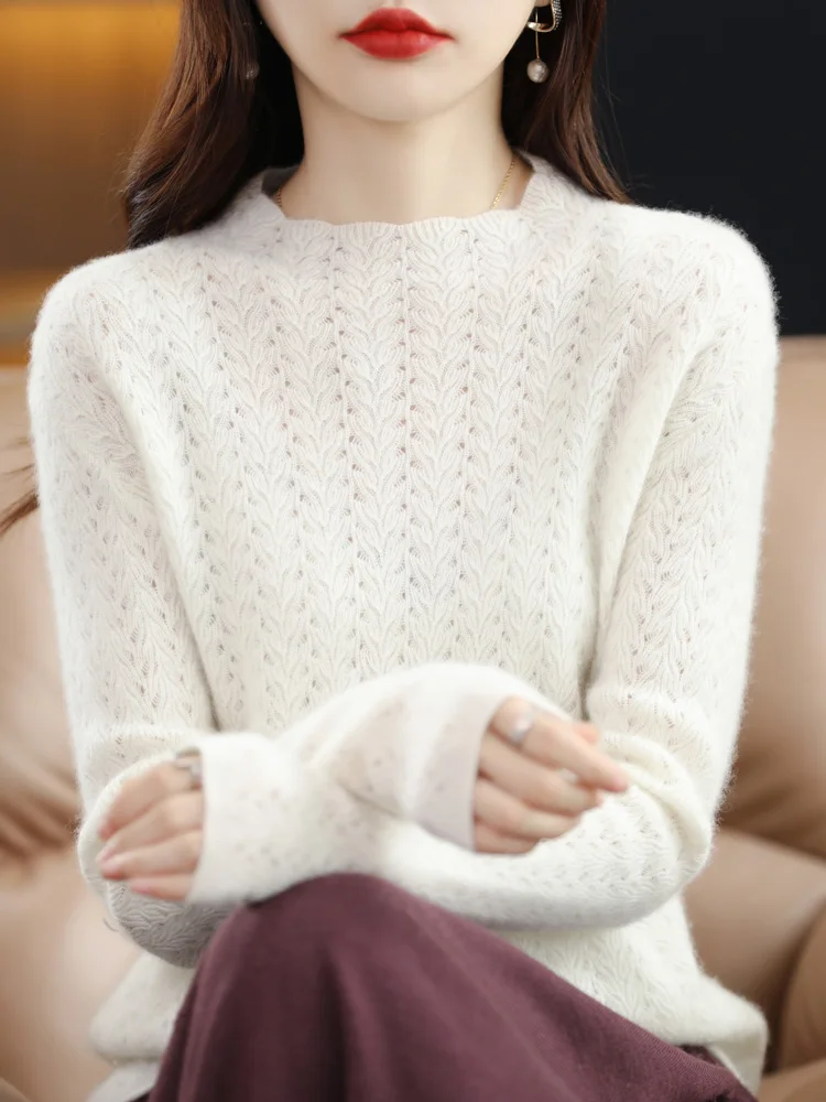 New Fashion Women Autumn Winter 100% Merino Wool Clothes Mock-Neck Hollow Out Sweater Long-Sleeved Knitted Pullovers Female Tops