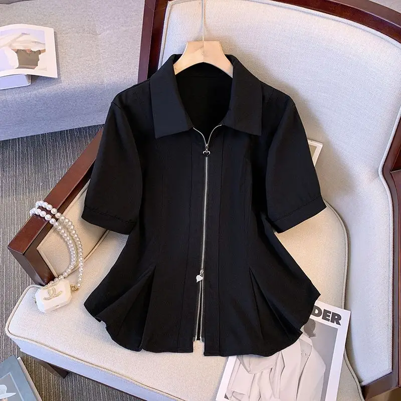Double Zipper Square Neck Shoulder Short Sleeved Women's Summer High-End Temperament Waist Cinching Shirt